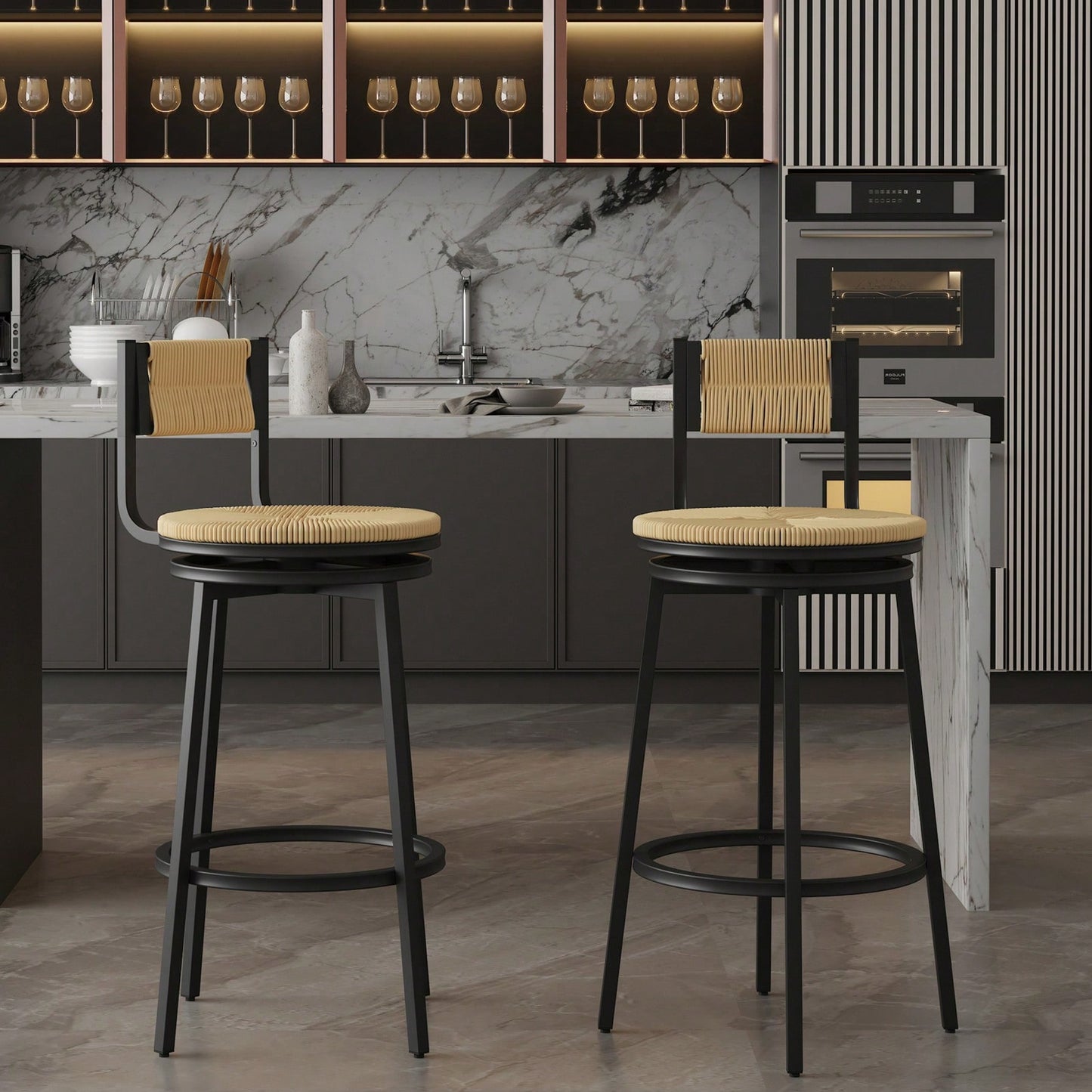 Rustic Swivel Bar Stools Set of 2 Handwoven Back and Seat 360° Counter Chairs for Kitchen Island Black Frame 220lb Capacity