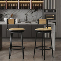 Rustic Swivel Bar Stools Set of 2 Handwoven Back and Seat 360° Counter Chairs for Kitchen Island Black Frame 220lb Capacity