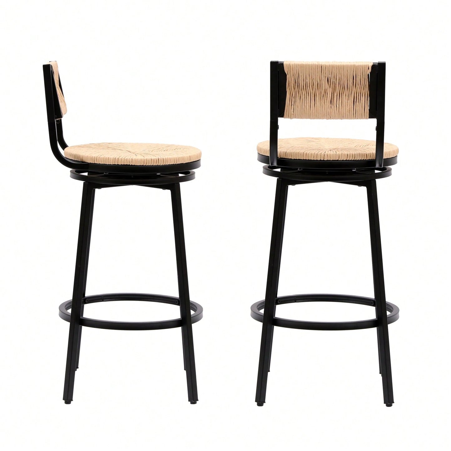 Rustic Swivel Bar Stools Set of 2 Handwoven Back and Seat 360° Counter Chairs for Kitchen Island Black Frame 220lb Capacity