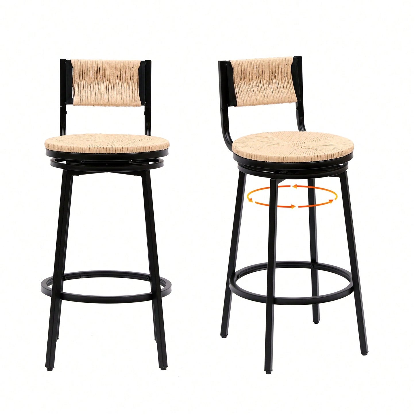 Rustic Swivel Bar Stools Set of 2 Handwoven Back and Seat 360° Counter Chairs for Kitchen Island Black Frame 220lb Capacity