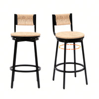 Rustic Swivel Bar Stools Set of 2 Handwoven Back and Seat 360° Counter Chairs for Kitchen Island Black Frame 220lb Capacity