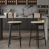 Rustic Swivel Bar Stools Set of 2 Handwoven Back and Seat 360° Counter Chairs for Kitchen Island Black Frame 220lb Capacity