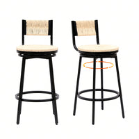 Rustic Swivel Bar Stools Set of 2 Handwoven Back and Seat 360° Counter Chairs for Kitchen Island Black Frame 220lb Capacity