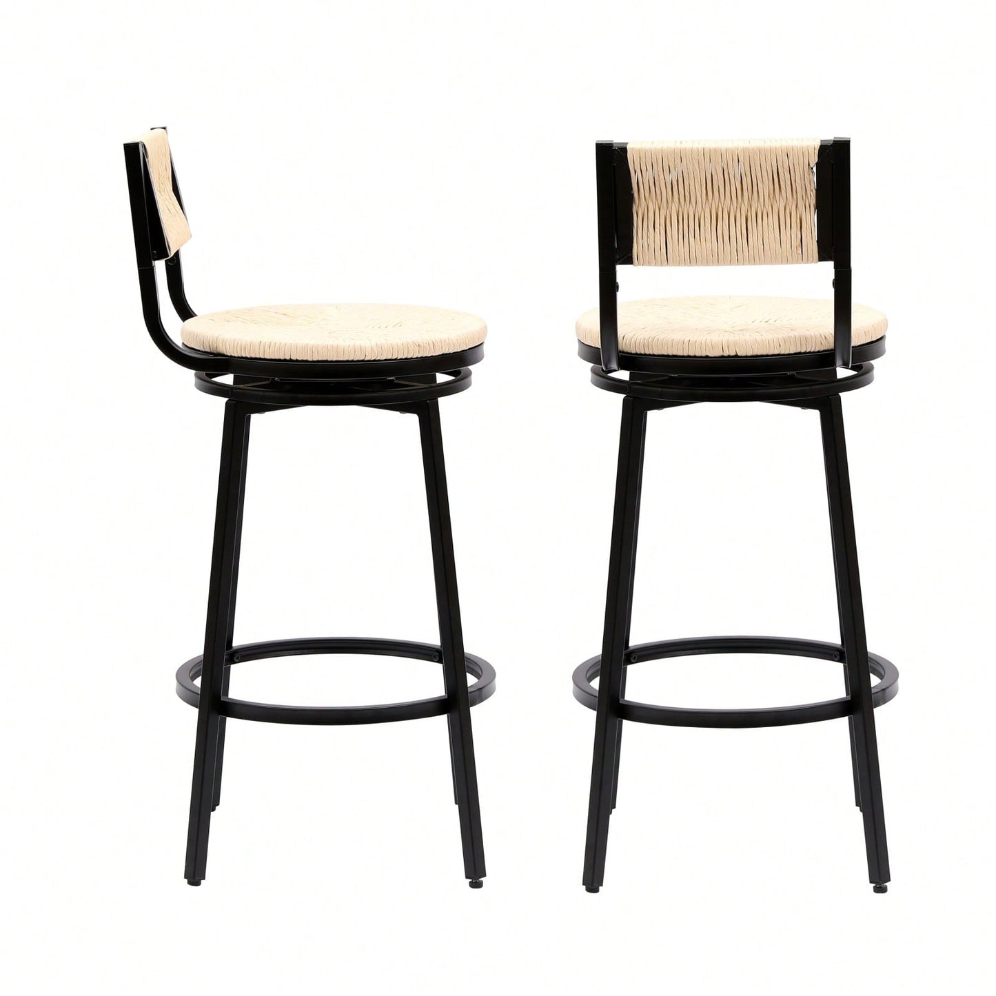 Rustic Swivel Bar Stools Set of 2 Handwoven Back and Seat 360° Counter Chairs for Kitchen Island Black Frame 220lb Capacity