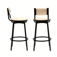 Rustic Swivel Bar Stools Set of 2 Handwoven Back and Seat 360° Counter Chairs for Kitchen Island Black Frame 220lb Capacity