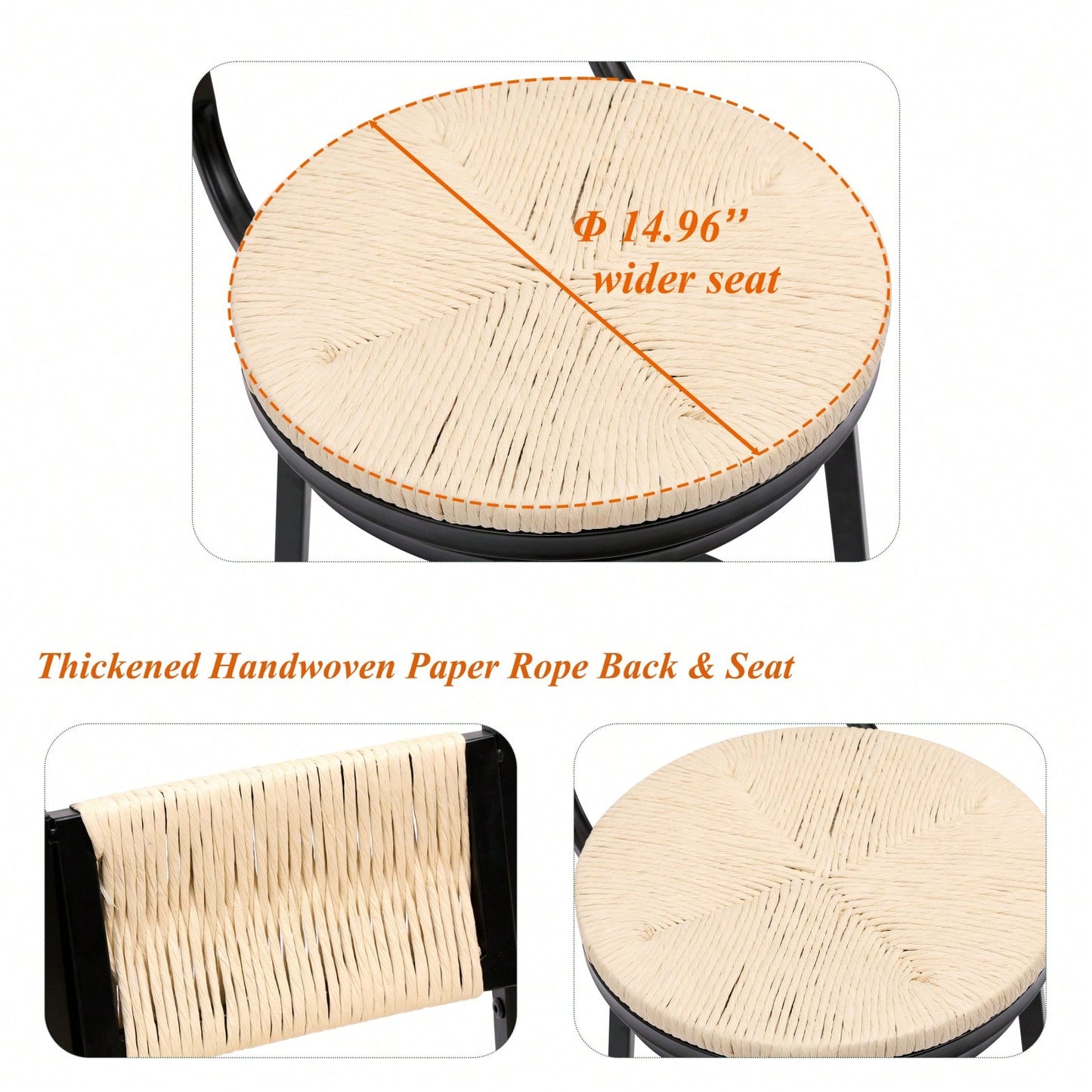 Rustic Swivel Bar Stools Set of 2 Handwoven Back and Seat 360° Counter Chairs for Kitchen Island Black Frame 220lb Capacity