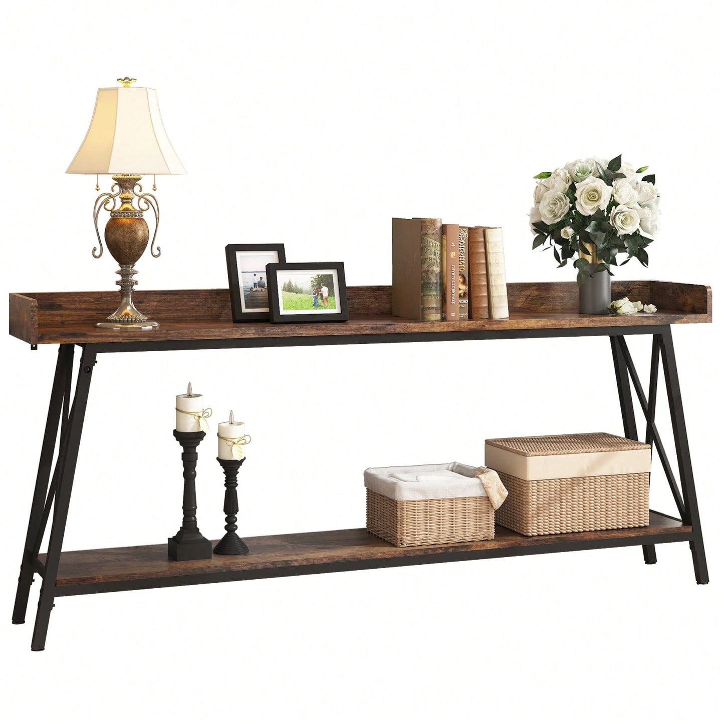 Extra Long Rustic Industrial Console Table For Living Room And Entryway, Narrow Hallway Bar Table - Brown+Black, 70.87 Inch