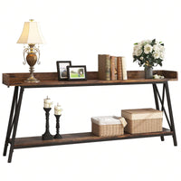 Extra Long Rustic Industrial Console Table For Living Room And Entryway, Narrow Hallway Bar Table - Brown+Black, 70.87 Inch