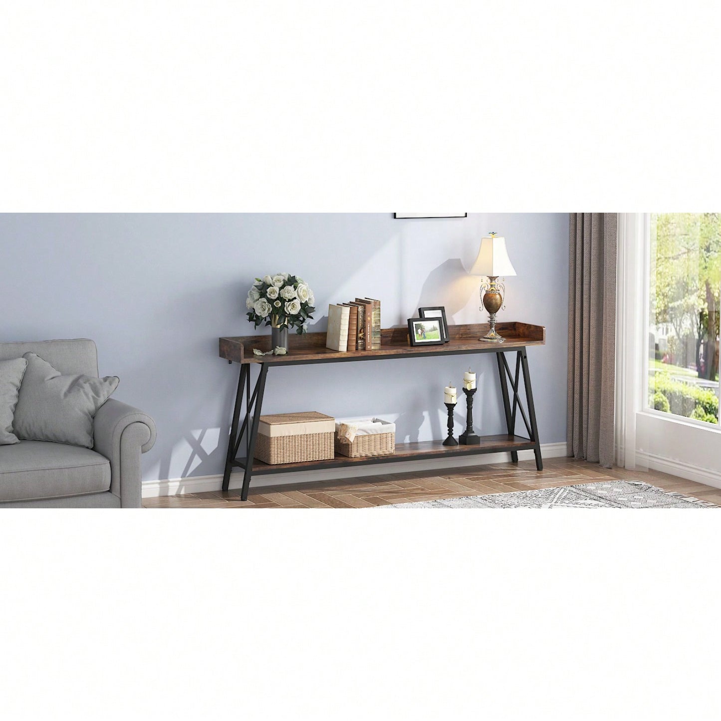 Extra Long Rustic Industrial Console Table For Living Room And Entryway, Narrow Hallway Bar Table - Brown+Black, 70.87 Inch