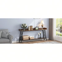 Extra Long Rustic Industrial Console Table For Living Room And Entryway, Narrow Hallway Bar Table - Brown+Black, 70.87 Inch