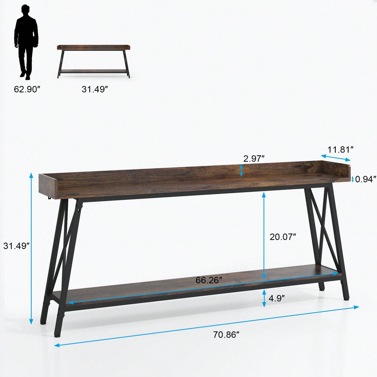 Extra Long Rustic Industrial Console Table For Living Room And Entryway, Narrow Hallway Bar Table - Brown+Black, 70.87 Inch