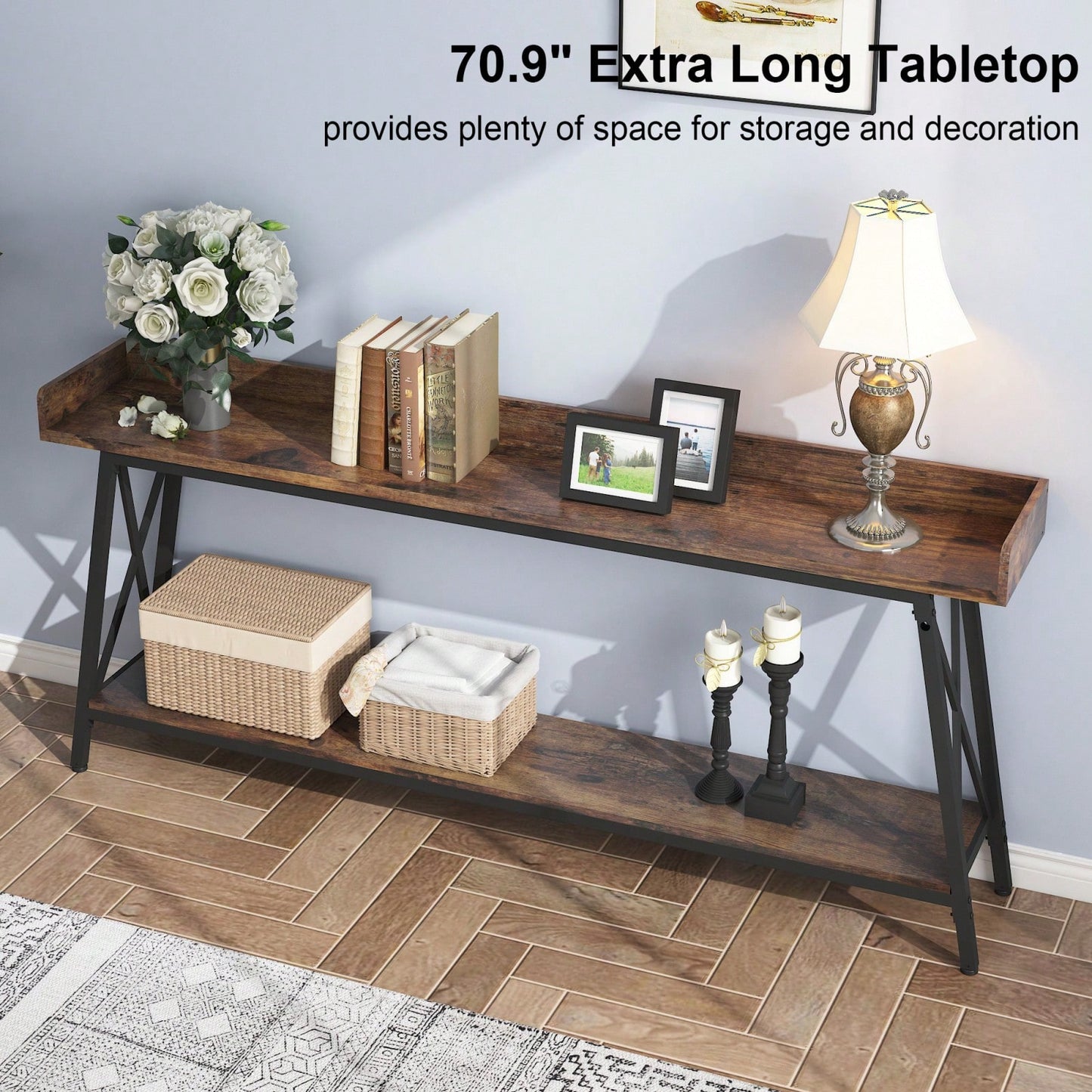 Extra Long Rustic Industrial Console Table For Living Room And Entryway, Narrow Hallway Bar Table - Brown+Black, 70.87 Inch