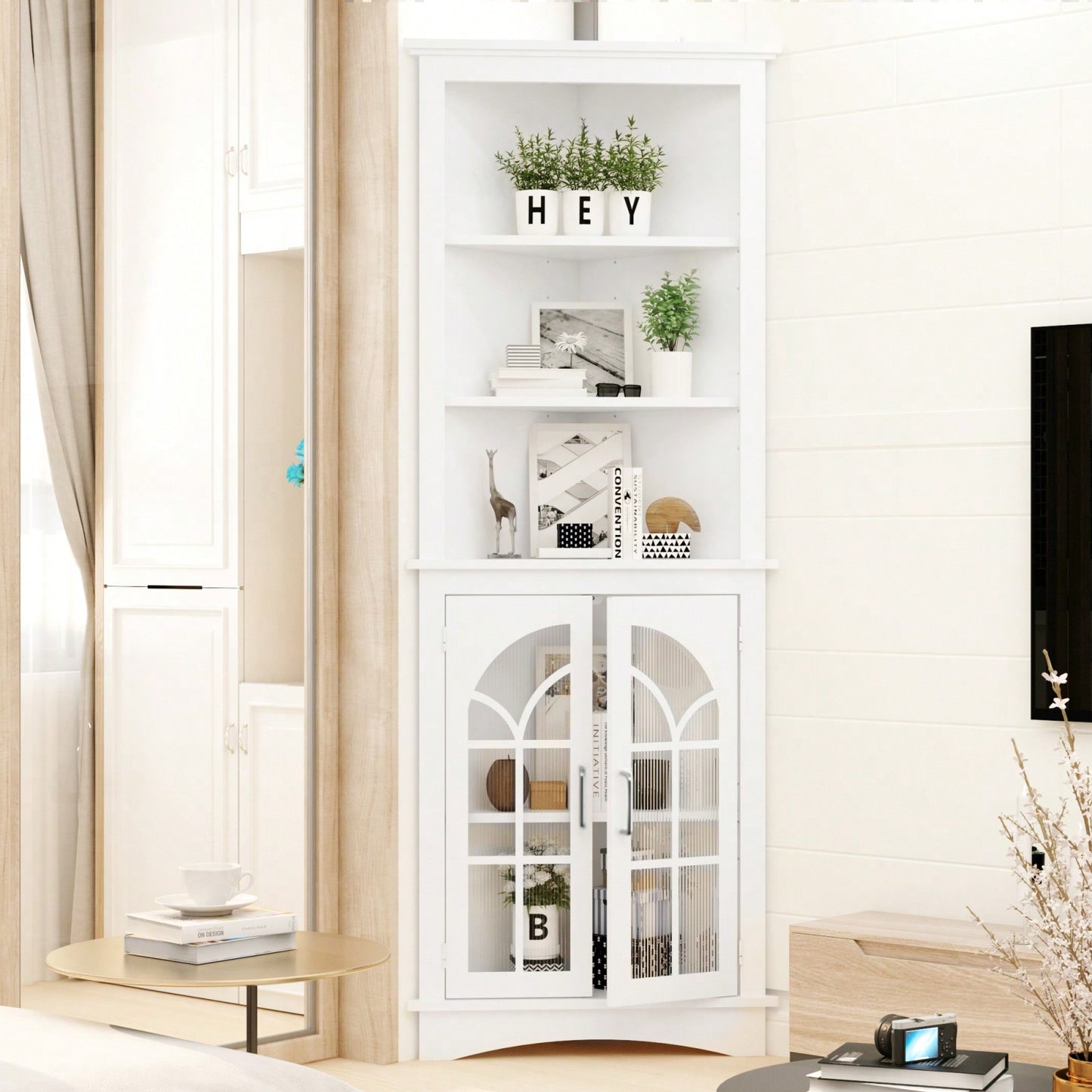 Tall White Corner Storage Cabinet with Adjustable Shelves and Doors for Living Room Office or Dining Room