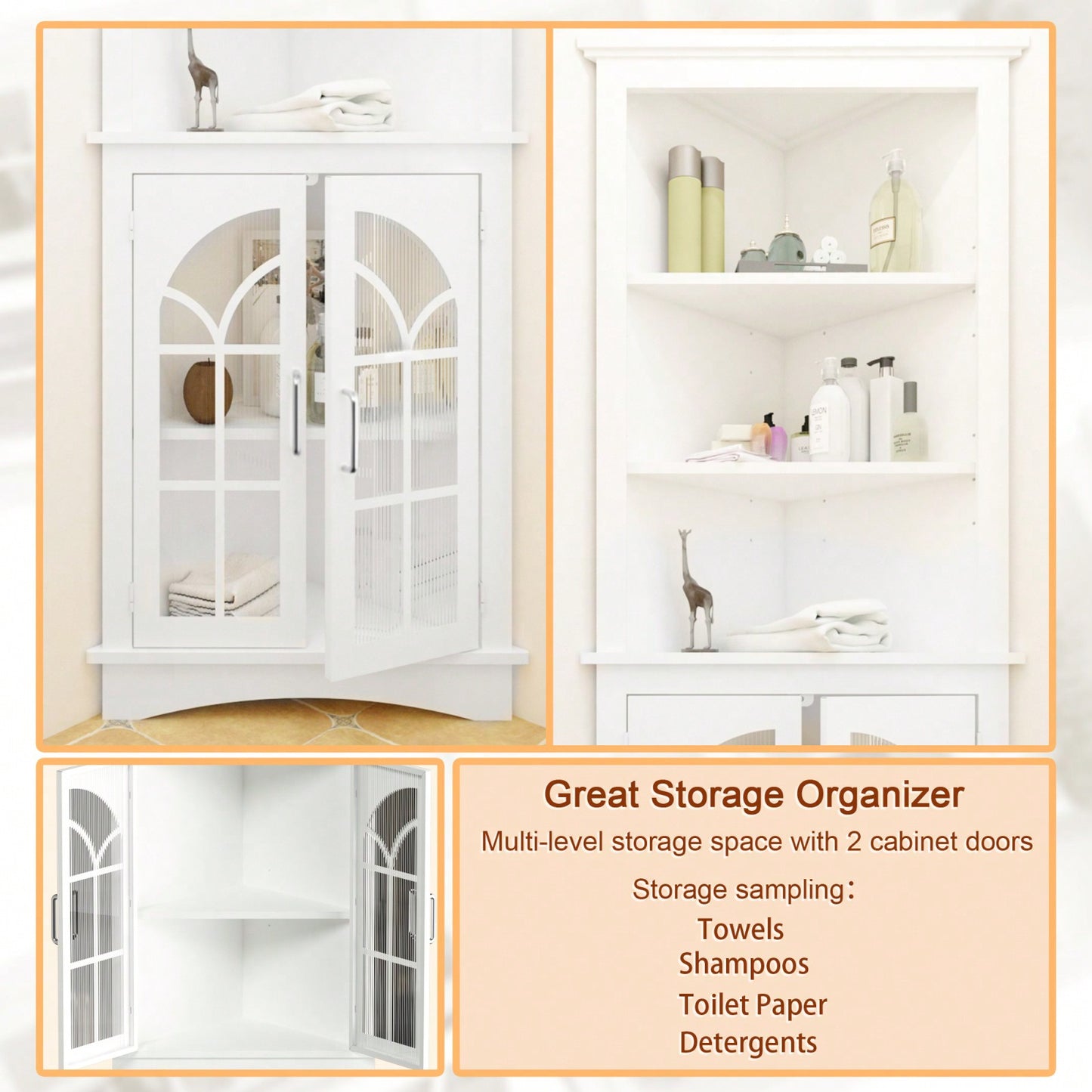 Tall White Corner Storage Cabinet with Adjustable Shelves and Doors for Living Room Office or Dining Room