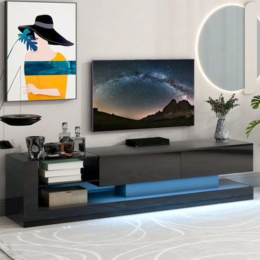 Sleek High Gloss TV Stand with LED Lights Two Storage Cabinets Tempered Glass Shelves for 75 Inch TV