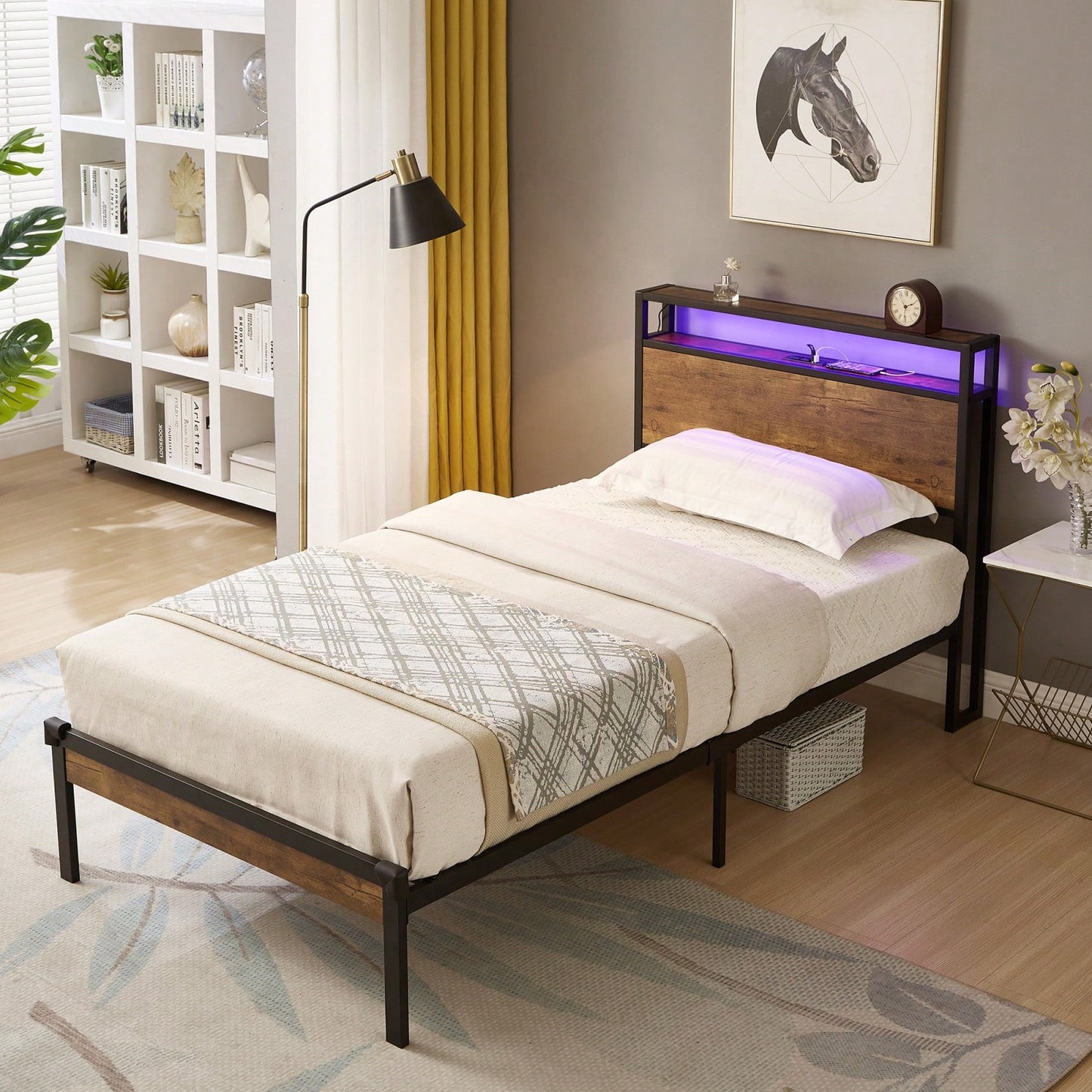 Twin Metal Bed Frame with Wooden Headboard Footboard USB LED Lights Under Bed Storage Easy Assembly