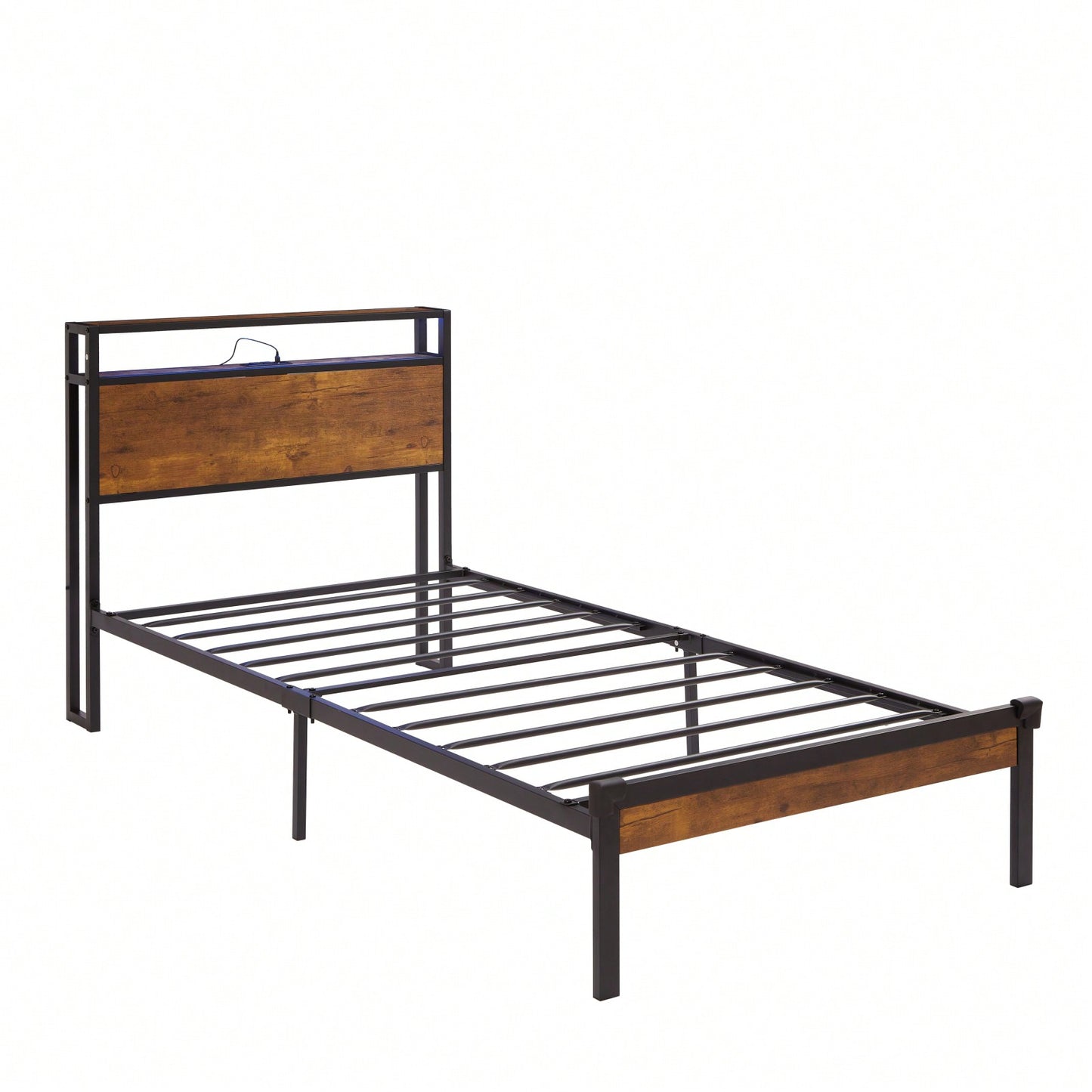 Twin Metal Bed Frame with Wooden Headboard Footboard USB LED Lights Under Bed Storage Easy Assembly