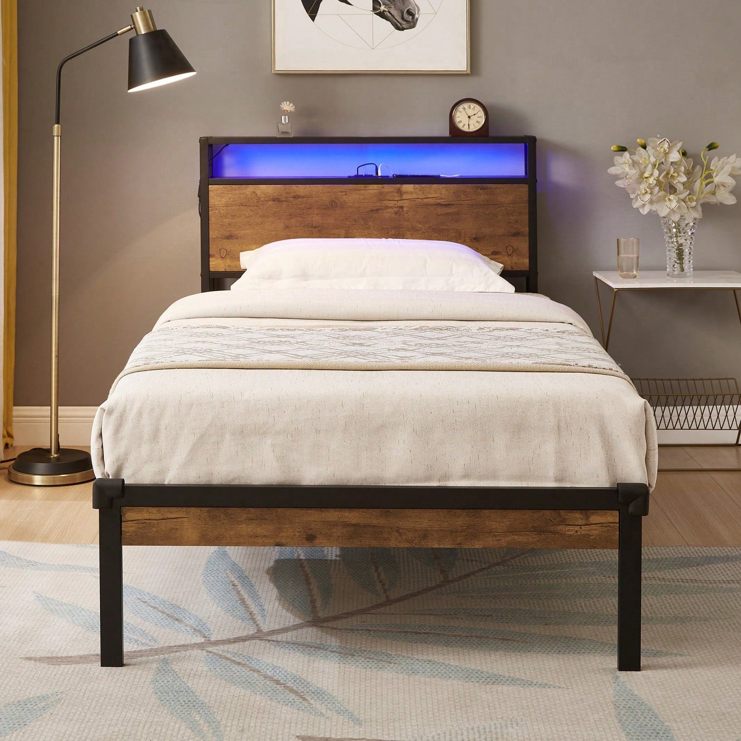 Twin Metal Bed Frame with Wooden Headboard Footboard USB LED Lights Under Bed Storage Easy Assembly