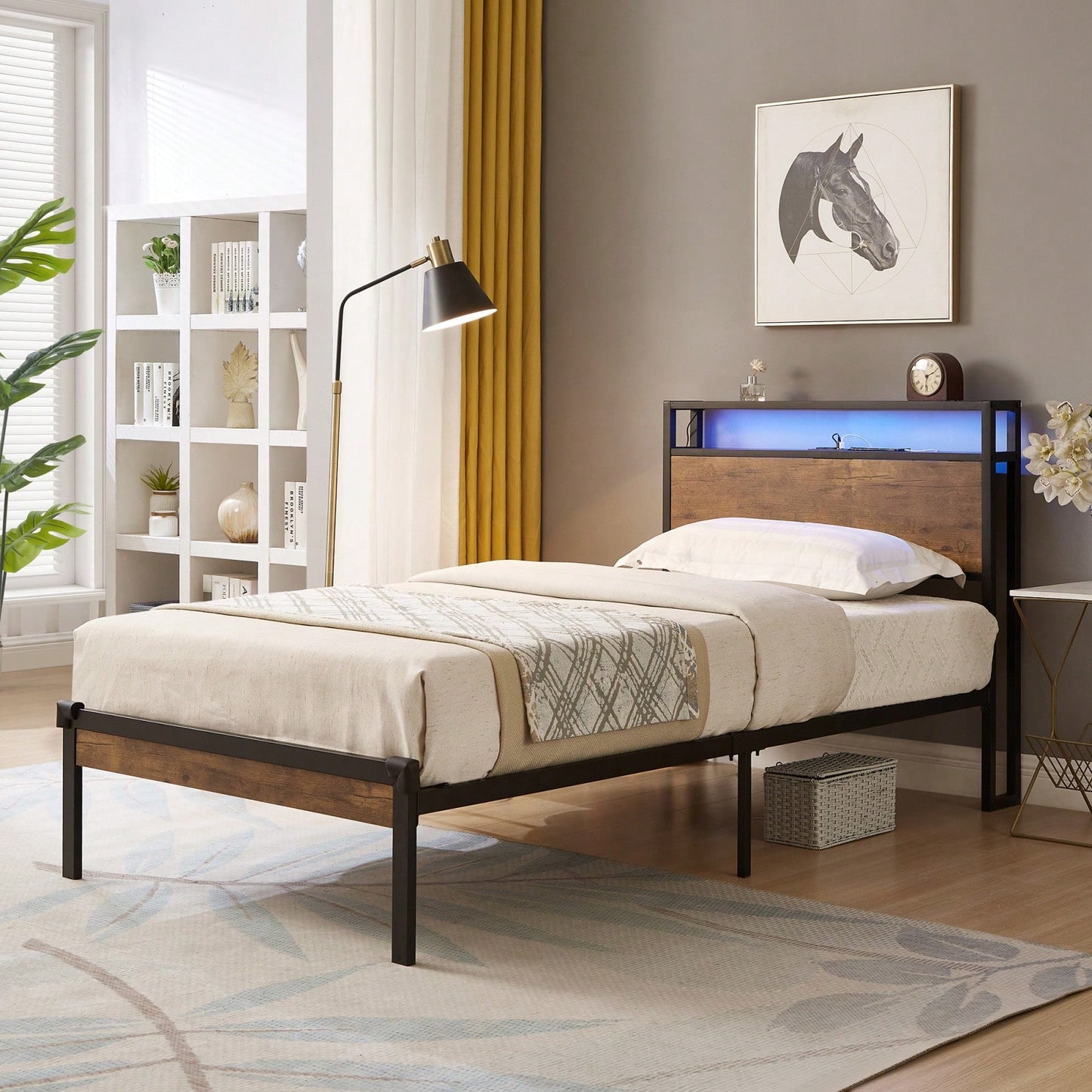 Twin Metal Bed Frame with Wooden Headboard Footboard USB LED Lights Under Bed Storage Easy Assembly