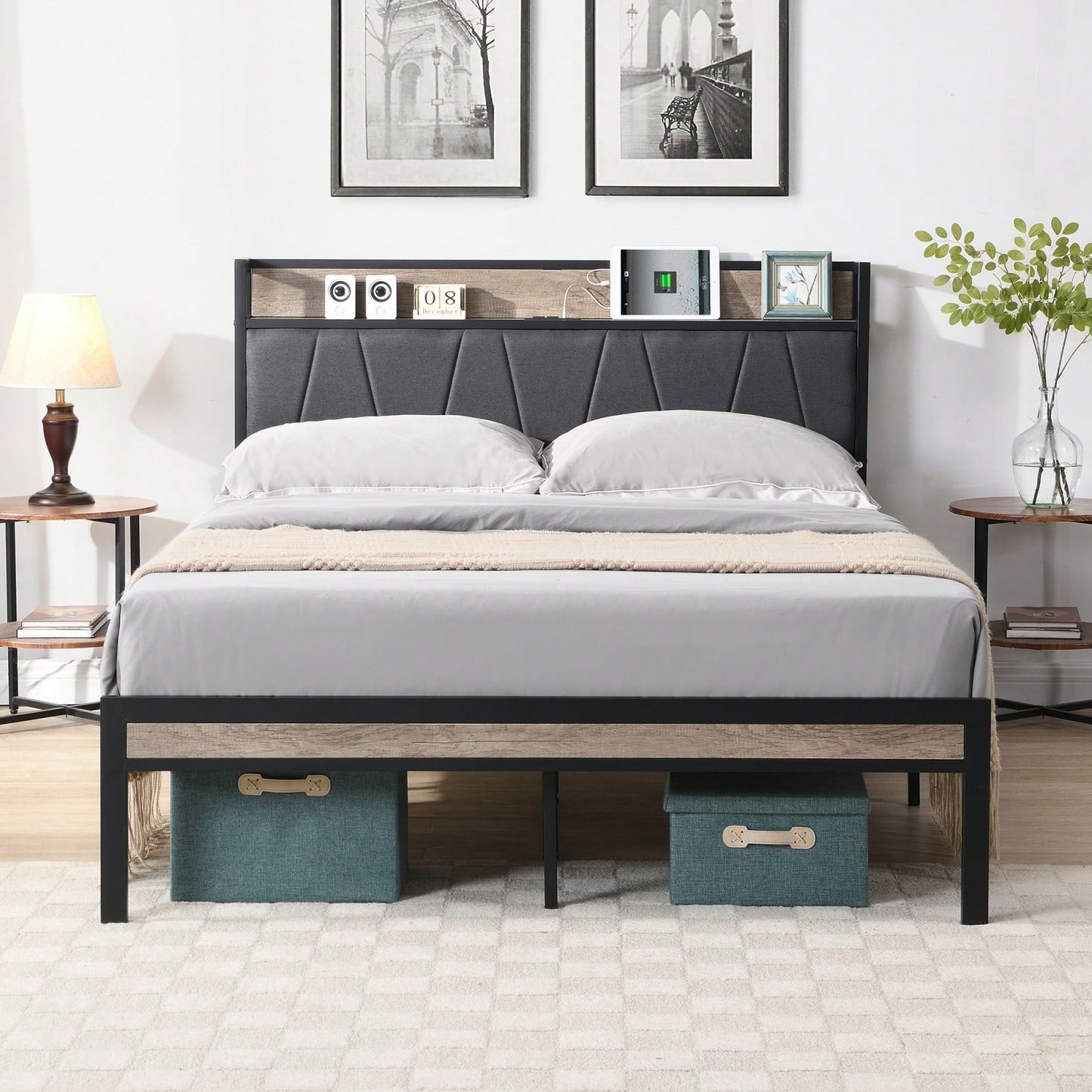 Modern Queen Size Metal Platform Bed Frame with Upholstered Storage Headboard and Footboard No Box Spring Required Durable Steel Structure