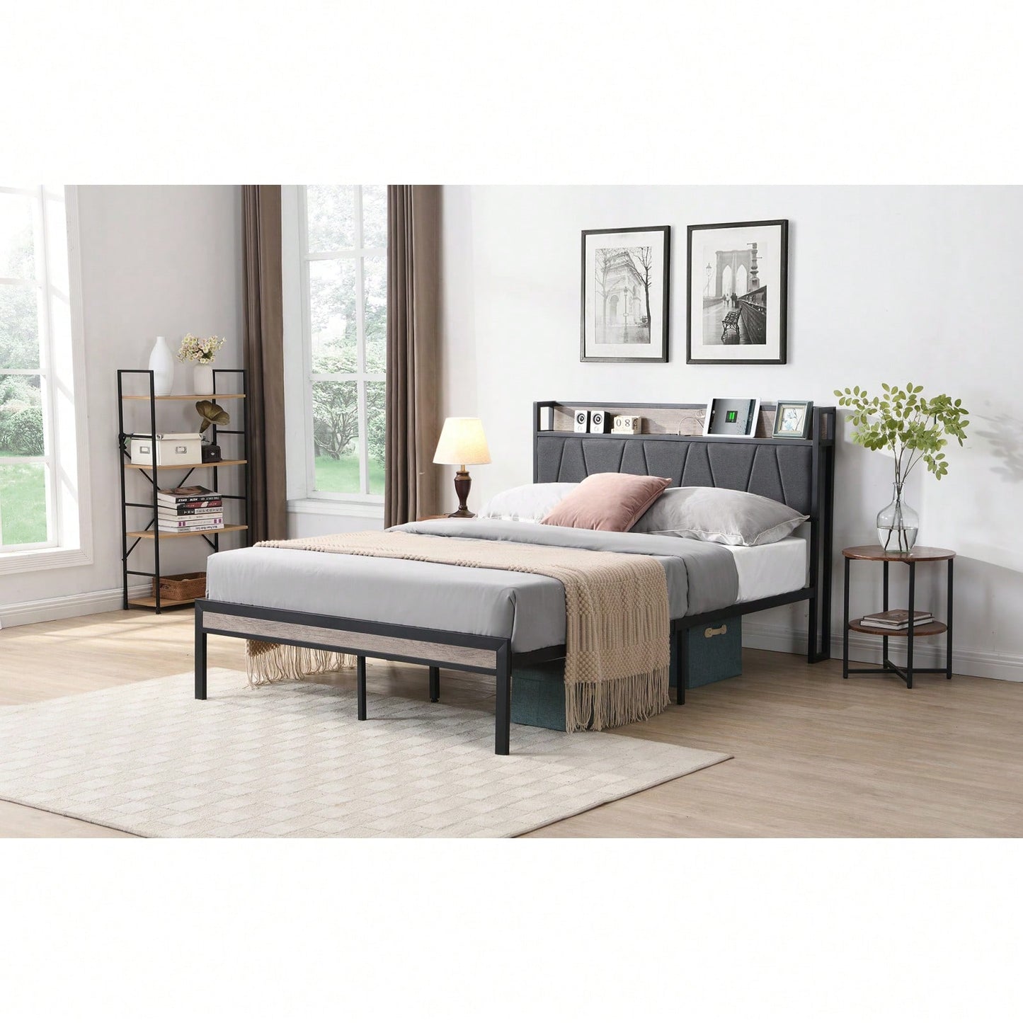 Modern Queen Size Metal Platform Bed Frame with Upholstered Storage Headboard and Footboard No Box Spring Required Durable Steel Structure