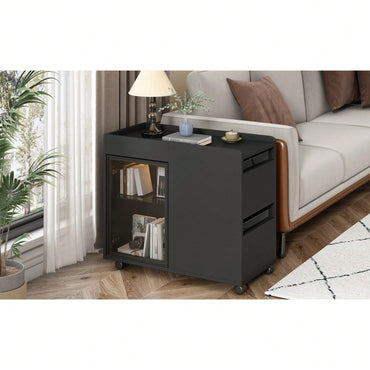 Contemporary LED End Table with Glass Door Wheels Adjustable Height 2 Drawers 2 Shelves Remote Control 16 Color Lighting