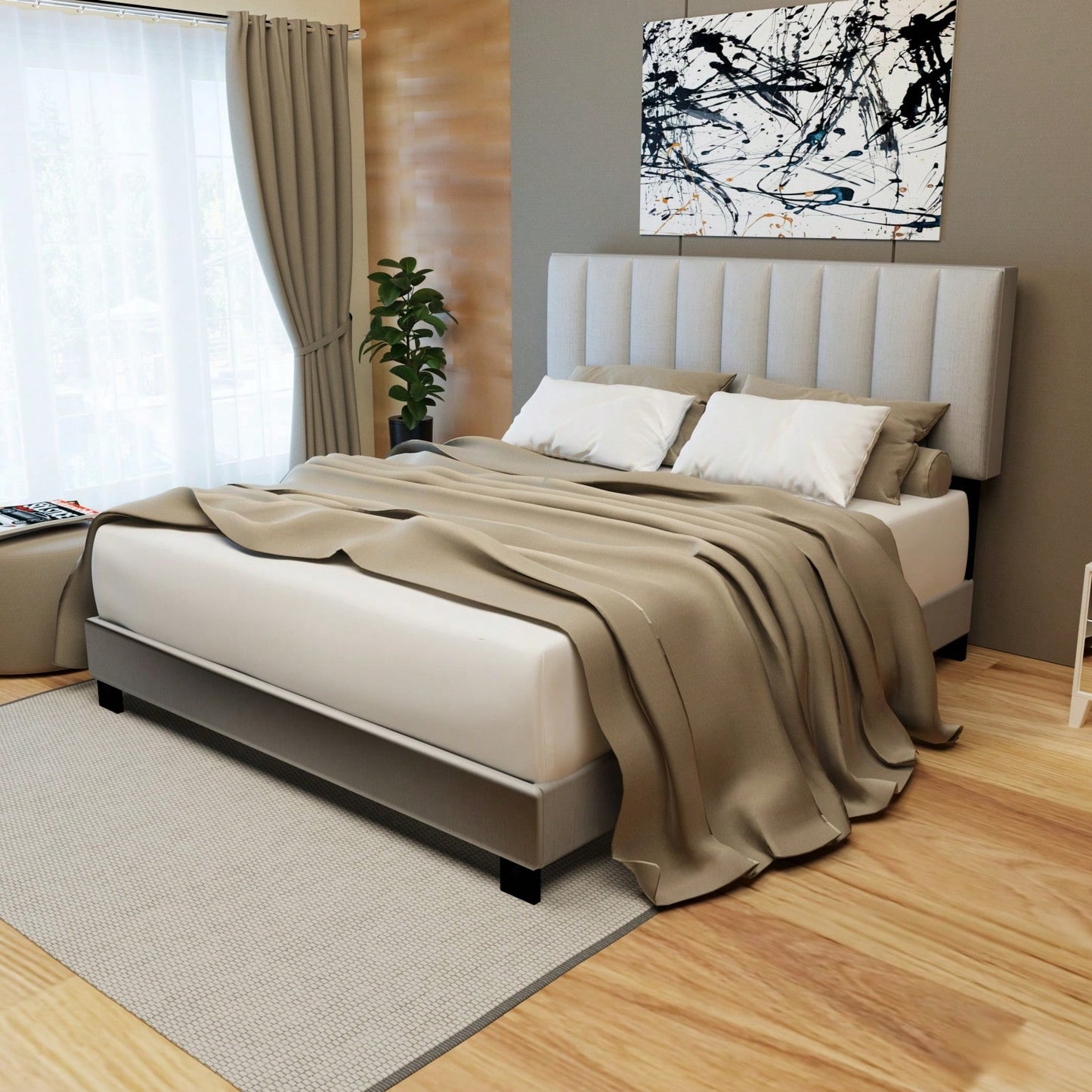Modern Queen Size Upholstered Bed Frame with Adjustable Chenille Headboard Sturdy Wood No Box Spring Needed
