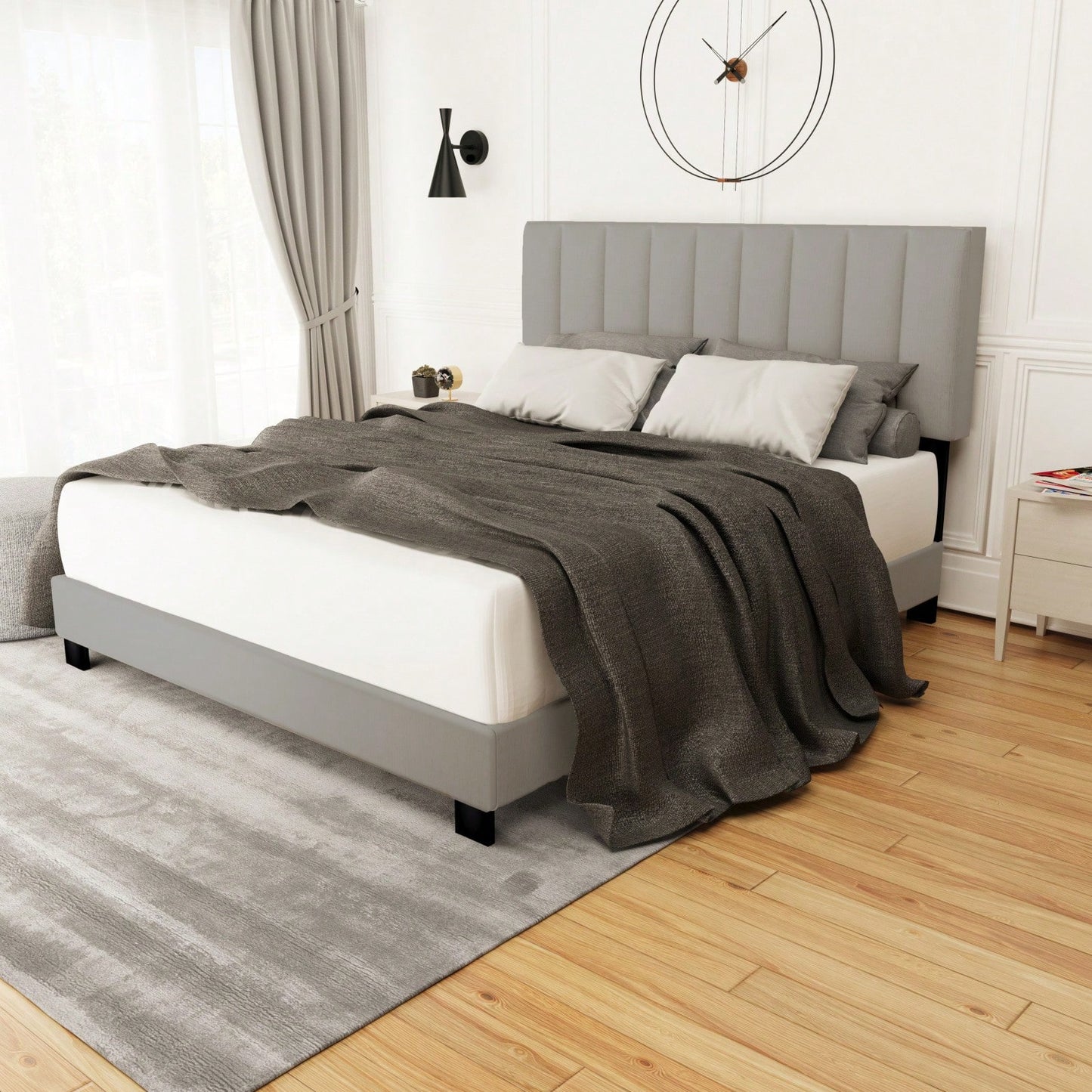 Modern Queen Size Upholstered Bed Frame with Adjustable Chenille Headboard Sturdy Wood No Box Spring Needed