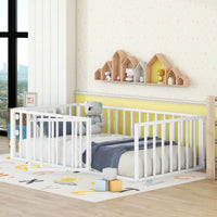 Twin Size Metal Floor Bed Frame with Fence and Door Sturdy Durable Fun Design Easy Assembly Ideal for Play Space