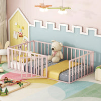 Twin Size Metal Floor Bed Frame with Fence and Door Sturdy Durable Fun Design Easy Assembly Ideal for Play Space