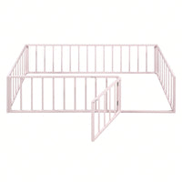Twin Size Metal Floor Bed Frame with Fence and Door Sturdy Durable Fun Design Easy Assembly Ideal for Play Space