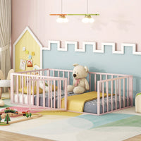 Twin Size Metal Floor Bed Frame with Fence and Door Sturdy Durable Fun Design Easy Assembly Ideal for Play Space