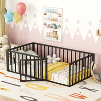 Twin Size Metal Floor Bed Frame with Fence and Door Sturdy Durable Fun Design Easy Assembly Ideal for Play Space