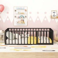 Twin Size Metal Floor Bed Frame with Fence and Door Sturdy Durable Fun Design Easy Assembly Ideal for Play Space
