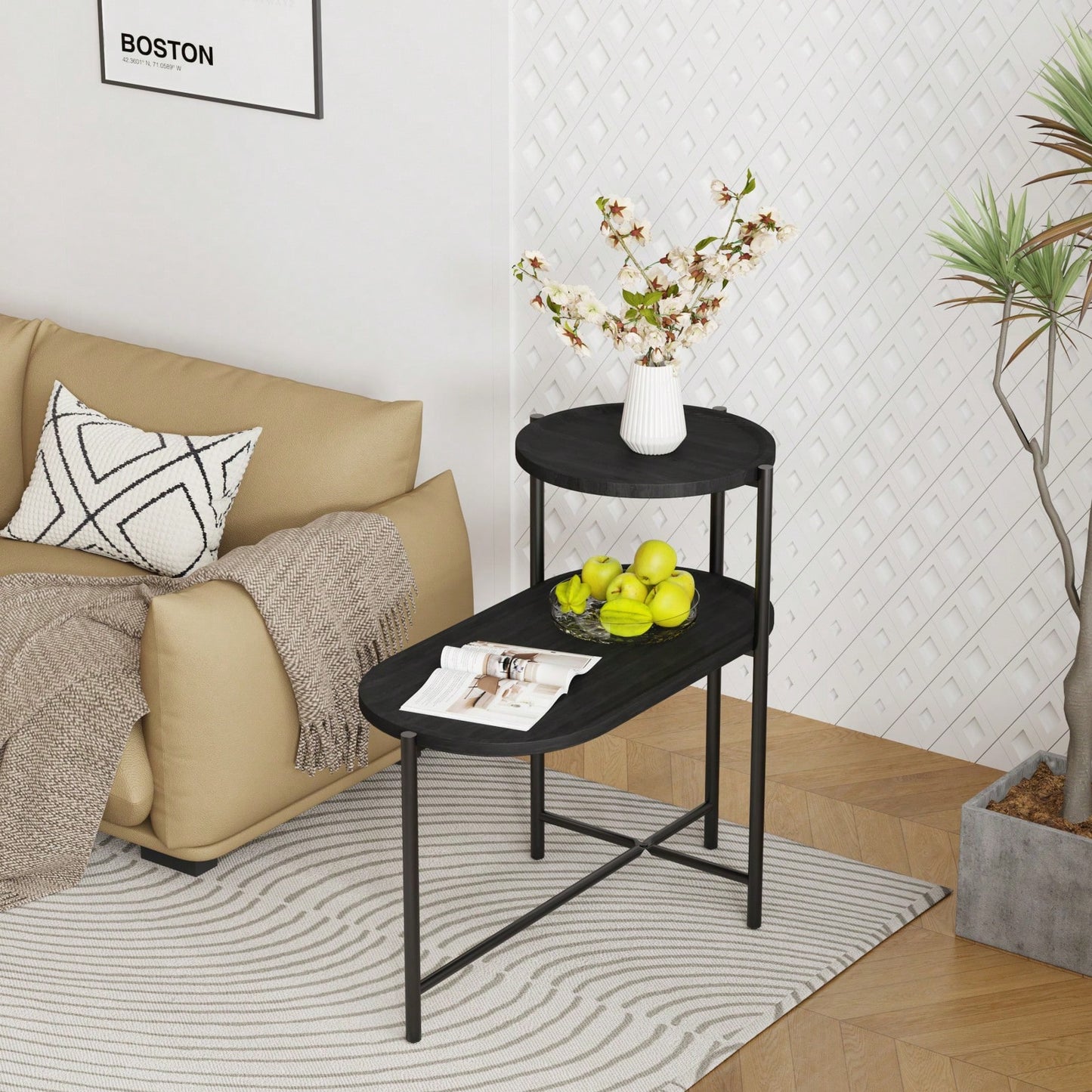 Modern Oval Coffee Table with Storage Tray 2 Tier Wooden Side Table for Living Room Child-Safe Design