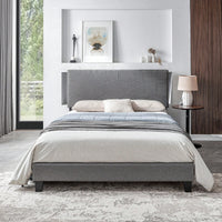 Modern Grey Queen Size Upholstered Platform Bed Frame with Wood Slat Support No Box Spring Needed Easy Assembly