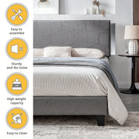 Modern Grey Queen Size Upholstered Platform Bed Frame with Wood Slat Support No Box Spring Needed Easy Assembly