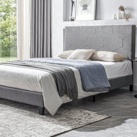 Modern Grey Queen Size Upholstered Platform Bed Frame with Wood Slat Support No Box Spring Needed Easy Assembly