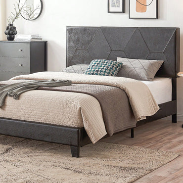 Modern Queen Size Upholstered Platform Bed Frame with Wood Slat Support No Box Spring Required Compatible with All Mattress Types Black PU
