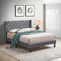 Charcoal Gray Velvet Tufted Wingback Queen Bed Frame with Strong Wooden Slats Easy Assembly No Box Spring Needed