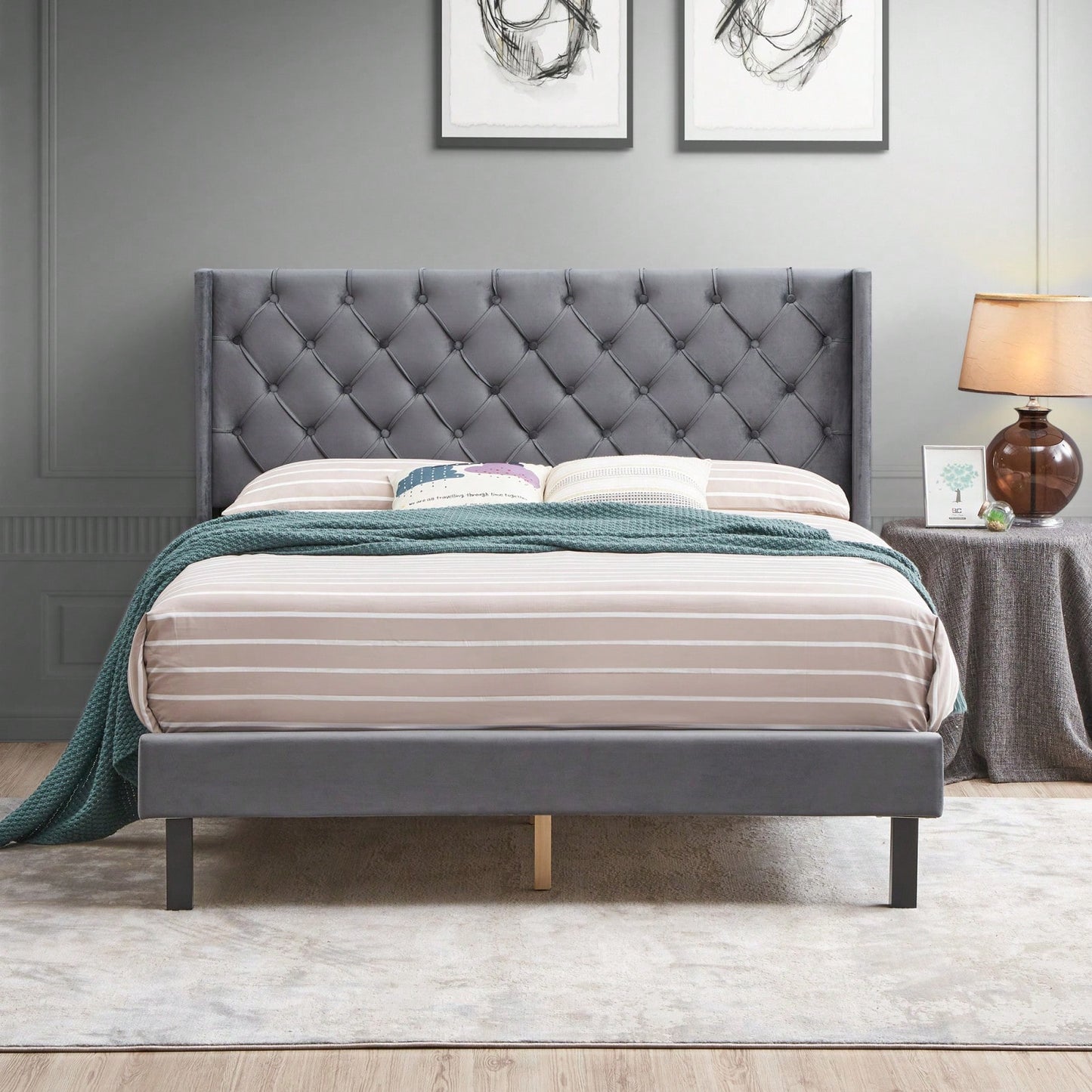 Charcoal Gray Velvet Tufted Wingback Queen Bed Frame with Strong Wooden Slats Easy Assembly No Box Spring Needed
