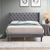 Charcoal Gray Velvet Tufted Wingback Queen Bed Frame with Strong Wooden Slats Easy Assembly No Box Spring Needed