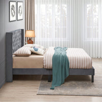 Charcoal Gray Velvet Tufted Wingback Queen Bed Frame with Strong Wooden Slats Easy Assembly No Box Spring Needed