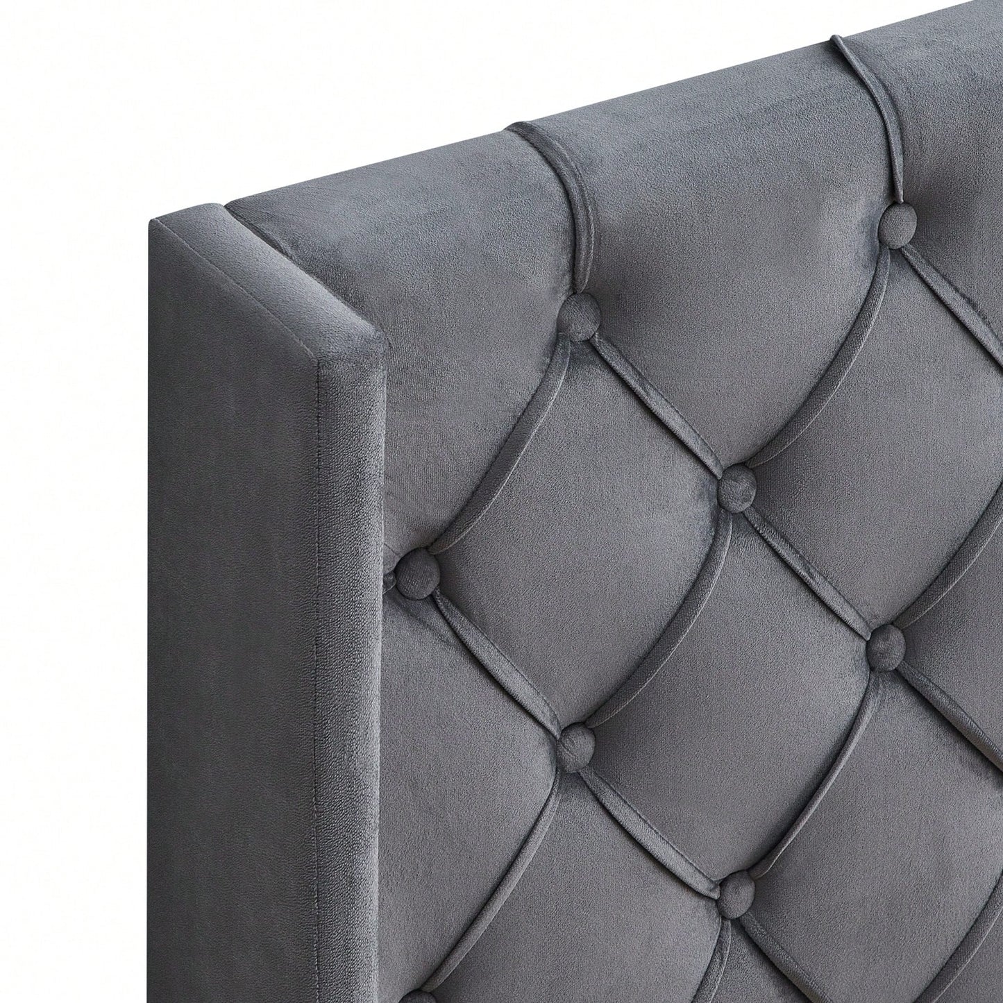 Charcoal Gray Velvet Tufted Wingback Queen Bed Frame with Strong Wooden Slats Easy Assembly No Box Spring Needed