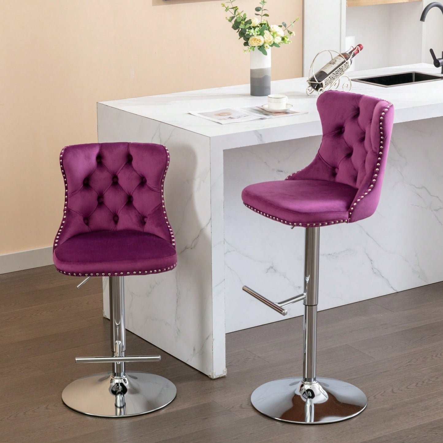Set of 2 Adjustable Velvet Bar Stools with Backrest Chrome Base Comfortable Tufted Design for Kitchen Island and Home Pub