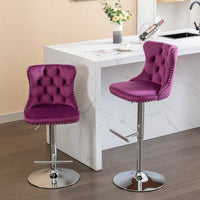Set of 2 Adjustable Velvet Bar Stools with Backrest Chrome Base Comfortable Tufted Design for Kitchen Island and Home Pub