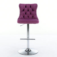 Set of 2 Adjustable Velvet Bar Stools with Backrest Chrome Base Comfortable Tufted Design for Kitchen Island and Home Pub