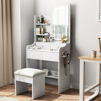 Elegant Vanity Desk with Mirror and Lights for Makeup Storage Chair and Hair Dryer Holder 3 Color Options