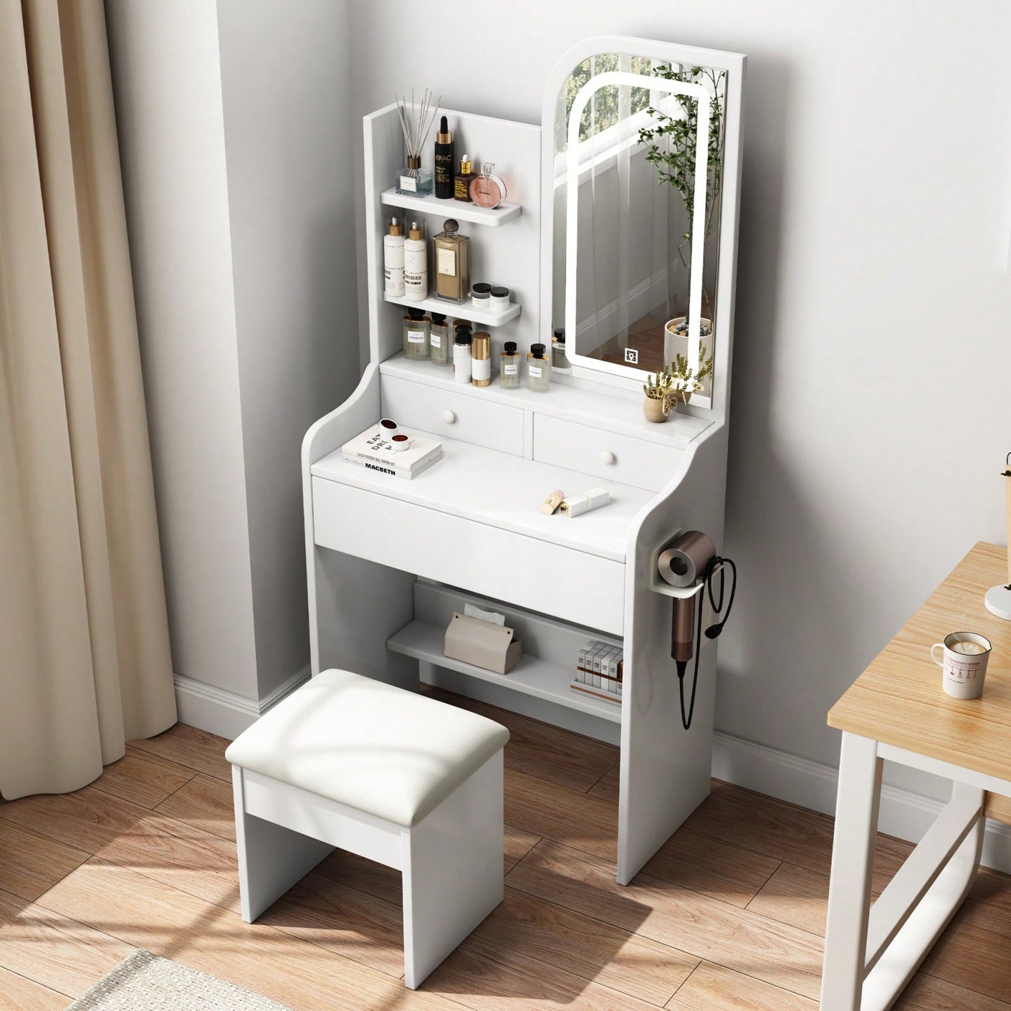 Elegant Vanity Desk with Mirror and Lights for Makeup Storage Chair and Hair Dryer Holder 3 Color Options