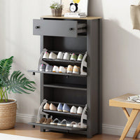 Contemporary Grey Wood Grain Shoe Cabinet with Adjustable Panels and Extra Drawer for Hallway Storage